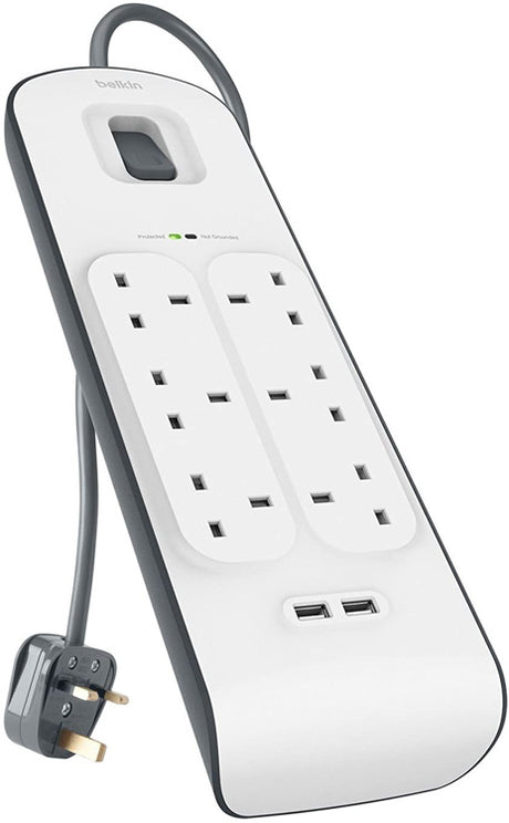 Belkin 6 Way Surge Protect Strip - 2m Cable with 2 x USB - Cables by Belkin The Chelsea Gamer