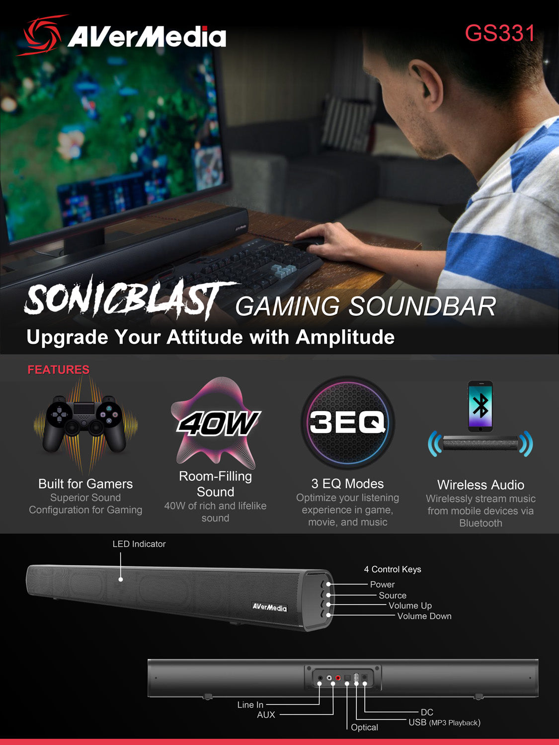 AVerMedia GS331 Sonicblast 40W 2.0 Channel Low Profile Soundbar - Audio by AverMedia The Chelsea Gamer