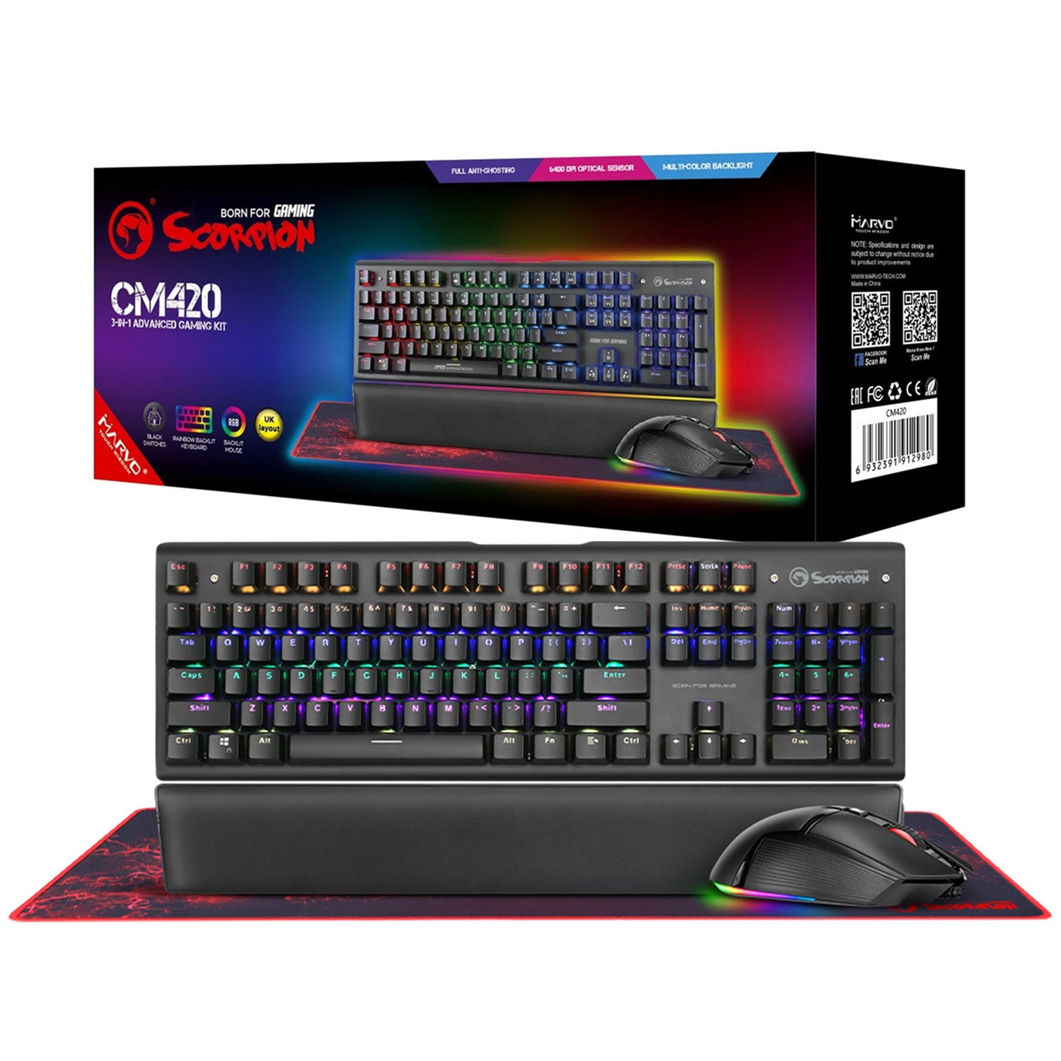 Marvo - Scorpion Mechanical Keyboard, Mouse and Gaming Surface - CM420-UK Gaming Kit - Keyboard by Marvo The Chelsea Gamer
